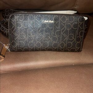 Calvin Klein Monogram Zip-Around Wallet in Dark Brown